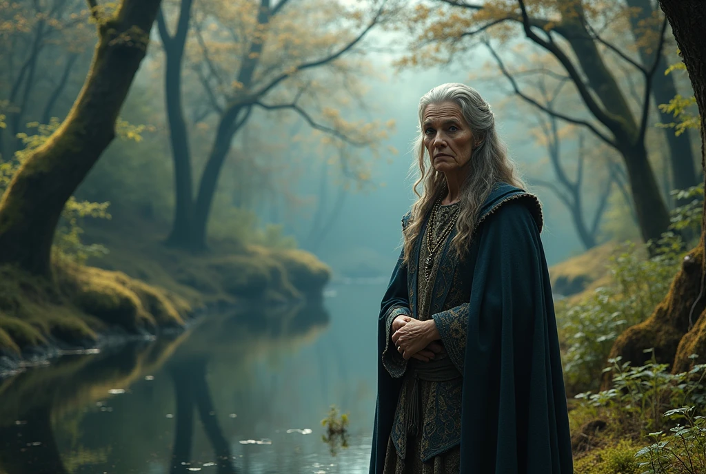 (Dark magic:1.2), (Grim:1.1) forest, springtime,A stuning old woman kelts stands in the Alps, (Intricate details), A mirror-like lake,(ultra - detailed), 8k hdr, high detal, A lot of detail, High quality,Tyndall effect, (Colored:0.7)