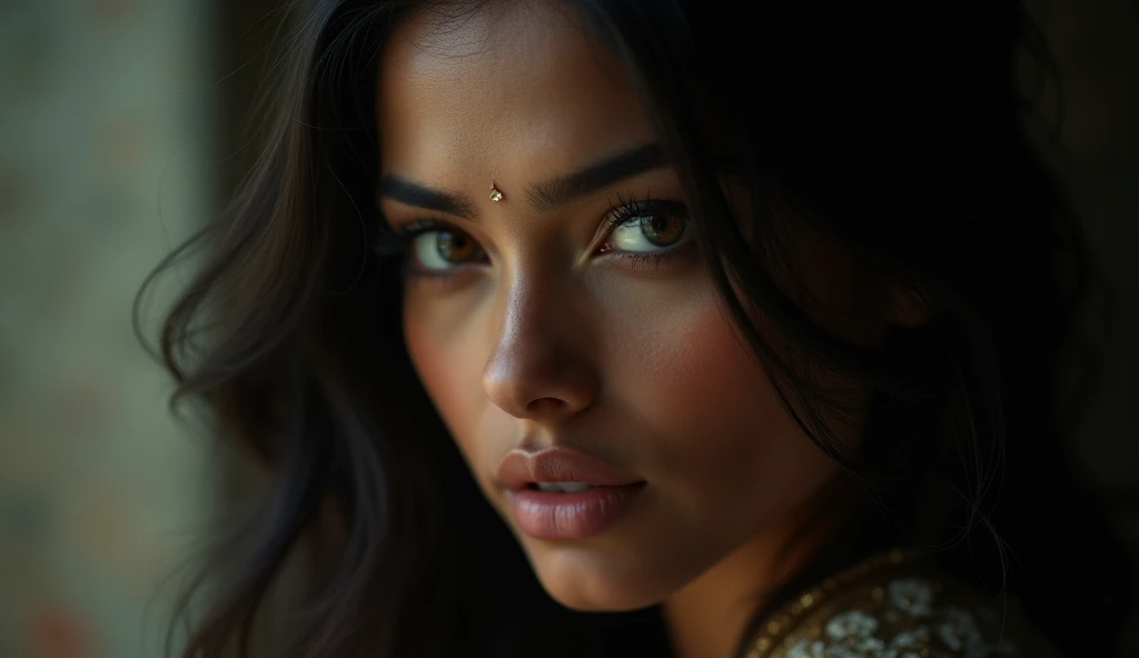 a beautiful mysterious indian woman, intricate detailed face, piercing eyes, long eyelashes, delicate skin, natural beauty, flowing hair, candid elegant pose, dramatic lighting, cinematic mood, muted color palette, chiaroscuro lighting, high quality, photorealistic, 8k, intricate details, professional rendering