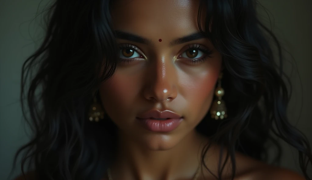 a beautiful mysterious indian woman, intricate detailed face, piercing eyes, long eyelashes, delicate skin, natural beauty, flowing hair, candid elegant pose, dramatic lighting, cinematic mood, muted color palette, chiaroscuro lighting, high quality, photorealistic, 8k, intricate details, professional rendering