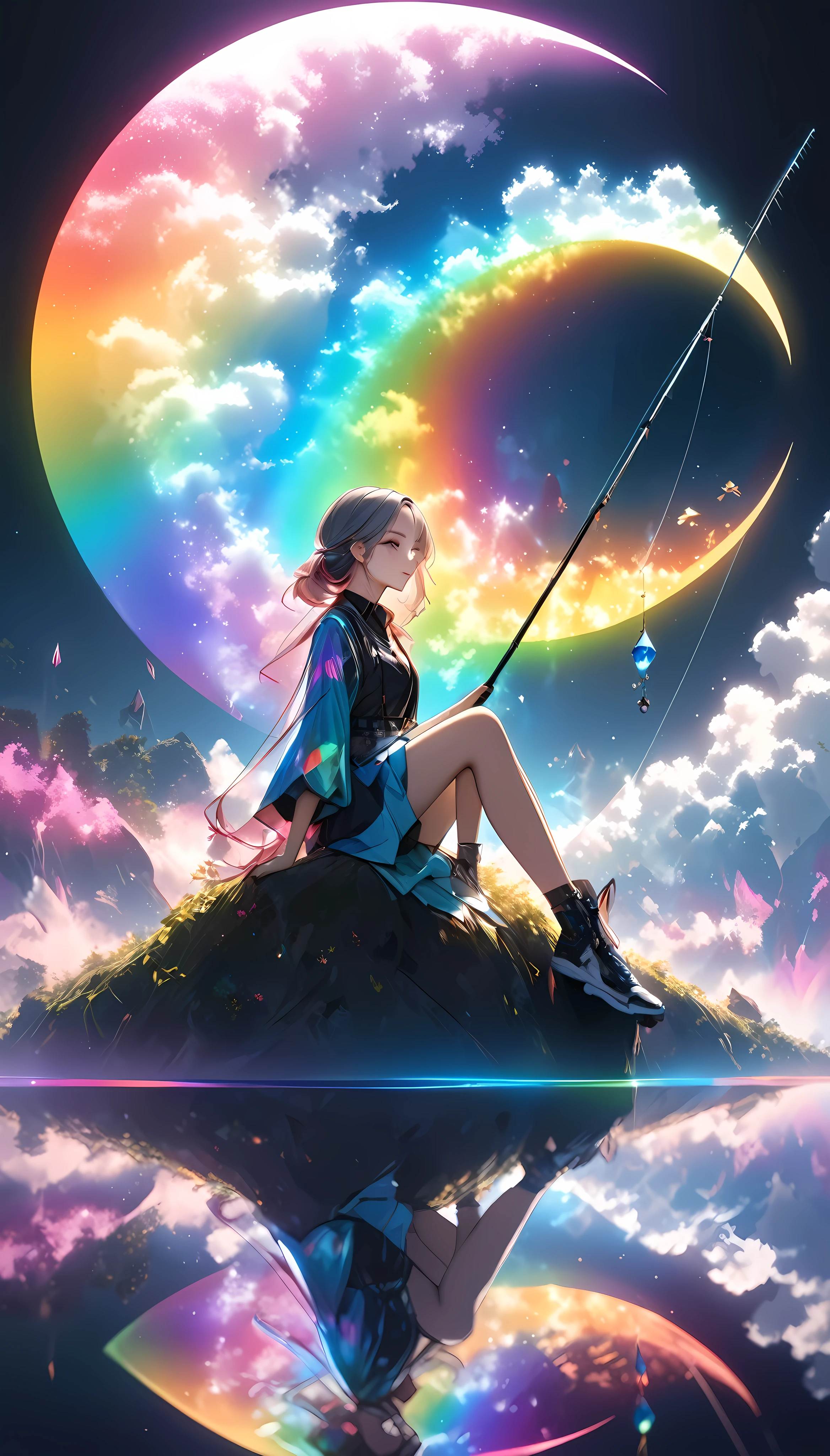 Attractive fishing girl sitting on a crescent moon, 1 person, A very thin line is hung straight down from a fishing pole, Aesthetic Earth attached to the top, Transparent and aesthetic internal illumination, Artistic Design, Dark pop fantasy, Crystal Coating, Holographic Reflection, Fantastic rainbow-colored fog, Refined aesthetics,