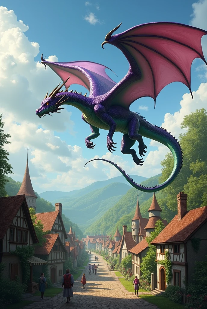 realistic styling: purple and green dragon flies over medieval town. 