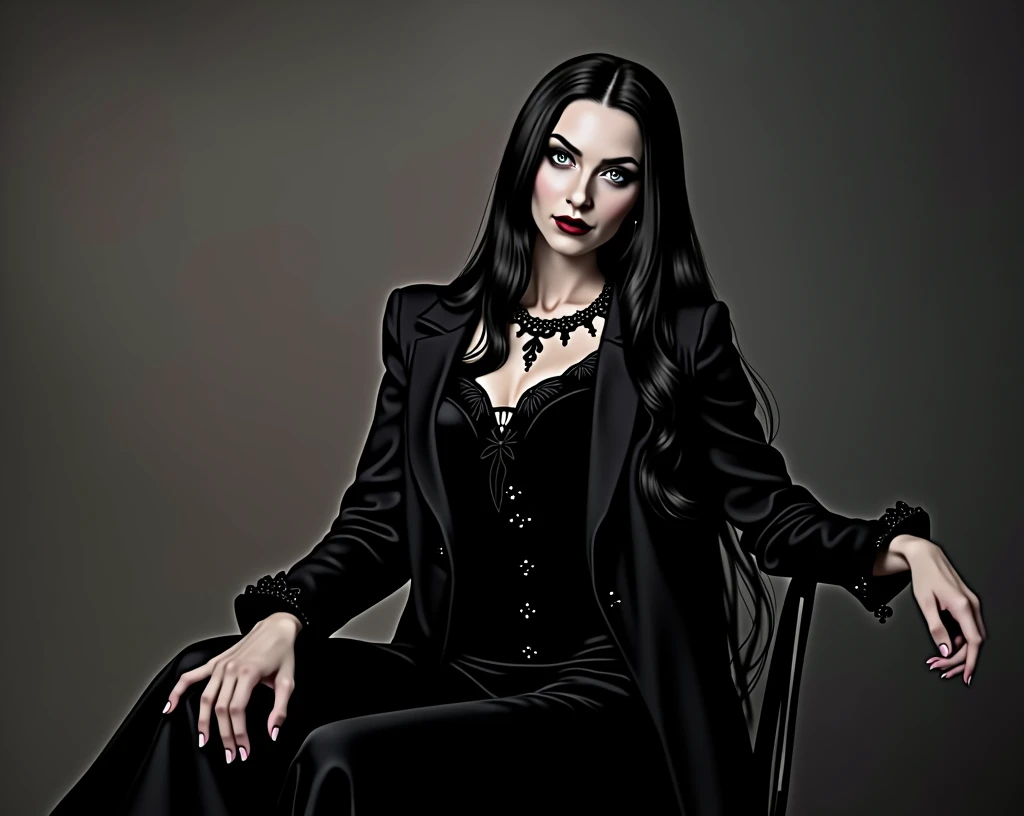 arafed woman sitting in a chair with long black hair, portrait of a dark witch, goth woman, mona lisa as a goth girl, morticia addams, long raven hair, gothic princess portrait, portrait of a lady vampire, creepy gothic portrait, an elegant gothic princess, dark goth queen, amy adams as morticia addams