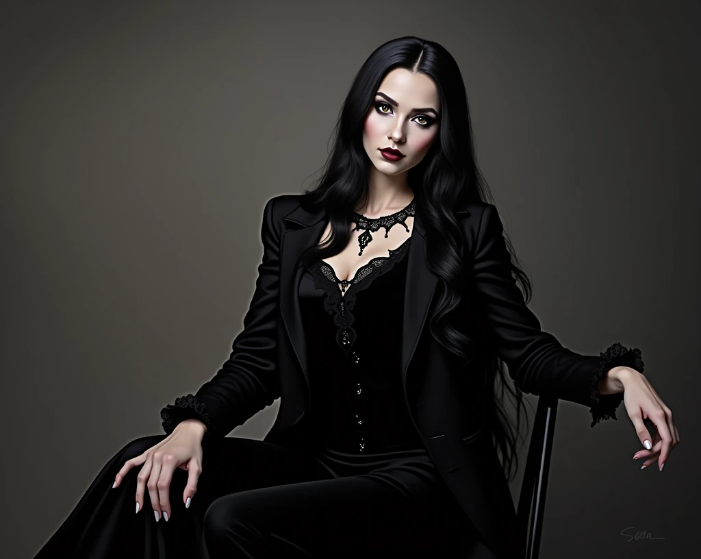 arafed woman sitting in a chair with long black hair, portrait of a dark witch, goth woman, mona lisa as a goth girl, morticia addams, long raven hair, gothic princess portrait, portrait of a lady vampire, creepy gothic portrait, an elegant gothic princess, dark goth queen, amy adams as morticia addams