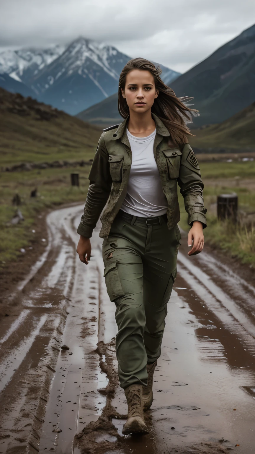 Foto hiperrealista en primer plano de 20 years old Alicia Vikander, masterpiece, best quality, (photorealistic:1.4), full body, she is dirty, wear dirty green army uniform (dirty jacket over white t-shirt, dirty tactical pants), dirty clothes with stains, Depict an empty road, mountains in the background, a rainy day, a muddy road in the rugged style of the game's concept art. This work should evoke a sense of abandonment and despair in a futuristic, post-apocalyptic world. Notice the intricacies of detail, the sharp focus, grey sky, cinematic light, beautiful woman, skinny, medium breasts, straight dark blond  hair, detailed face, photo taken from a distance, she is running very fast