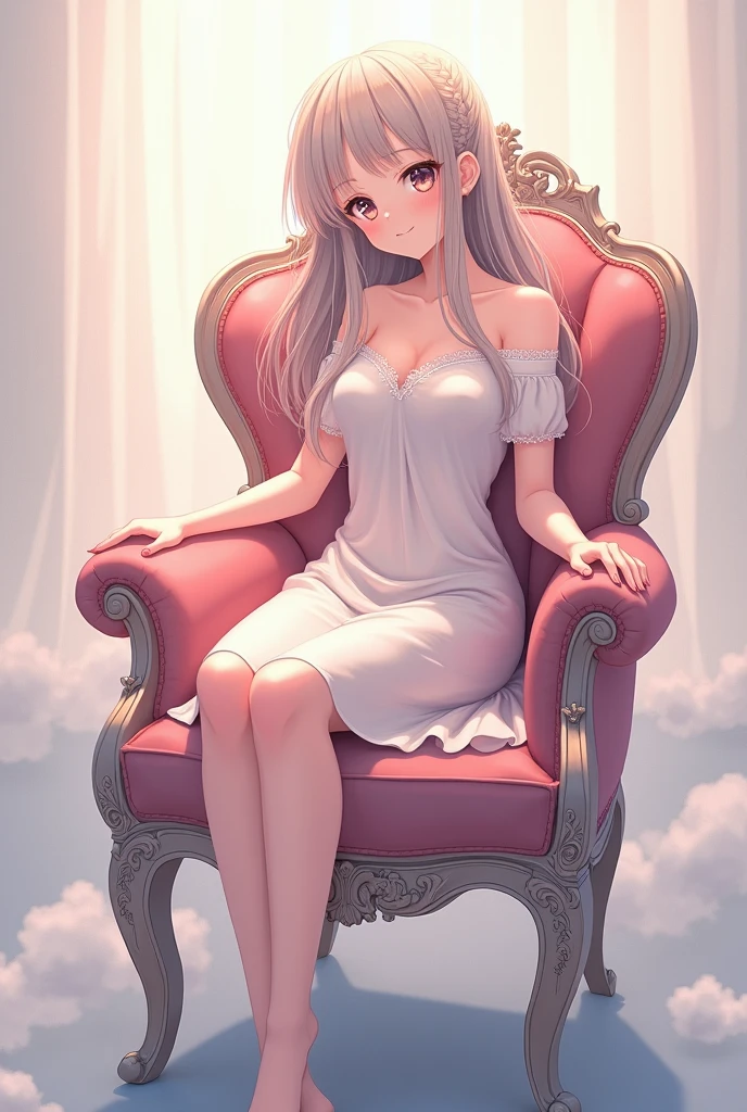 A anime girl sitting in a chair and her legs is separate