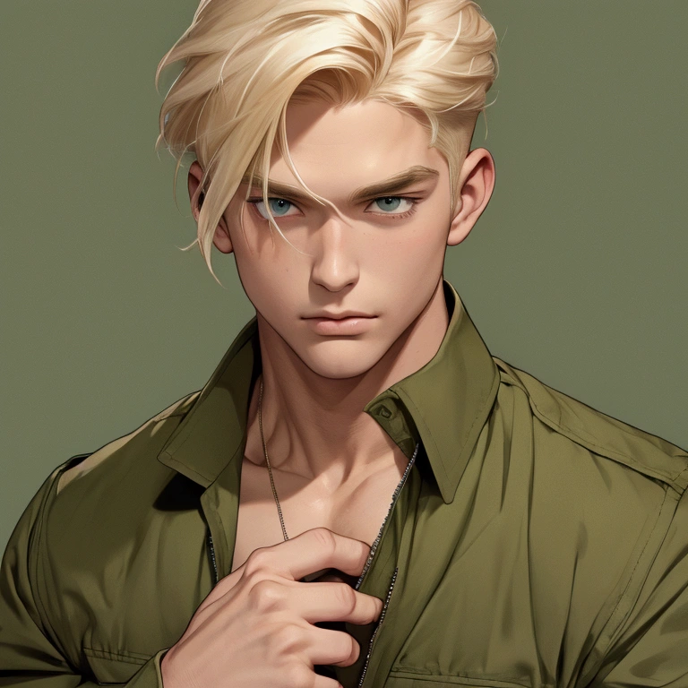 Muscle man, blond hair, bare chest, green shoulder-length jacket, khaki pants, military boots, bandages on his hands, Close-up of upper body portrait