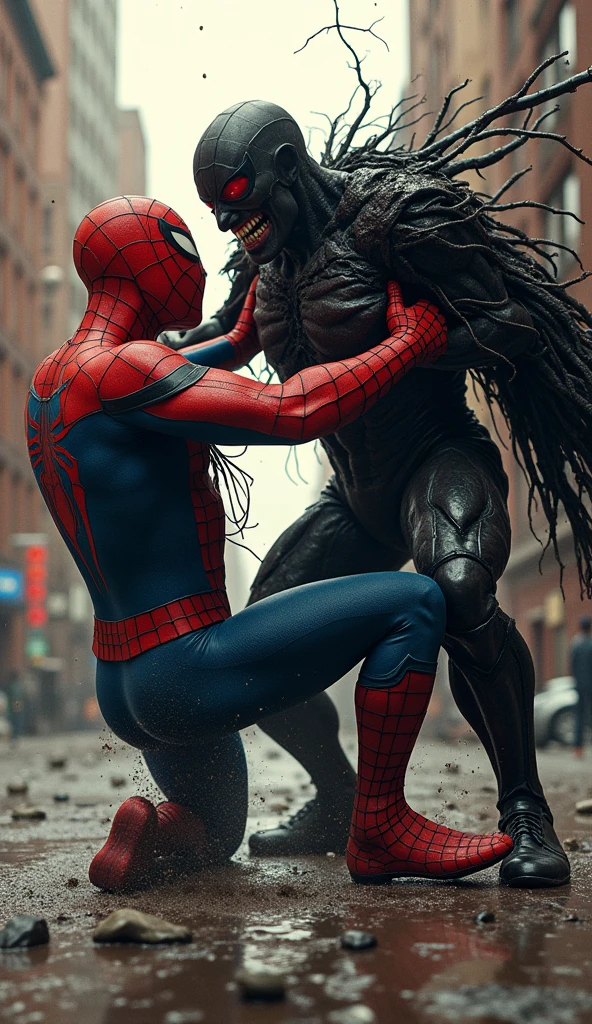 Spider-Man fights with every fiber of his being, trying to maintain control as the creature feeds his darkest doubts and fears. The villain, the enigmatic Mimic, absorbs and amplifies Peter's inner chaos, turning him into a devastating force. In the midst of the confrontation, Peter realizes that in order to defeat this threat, he will have to face the truth he fears most: the darkness within him. Retro comic style artwork, perfect composition,hyperrealistic,super detailed,high quality,sharp focus,studio photo,intricate details,highly detailed