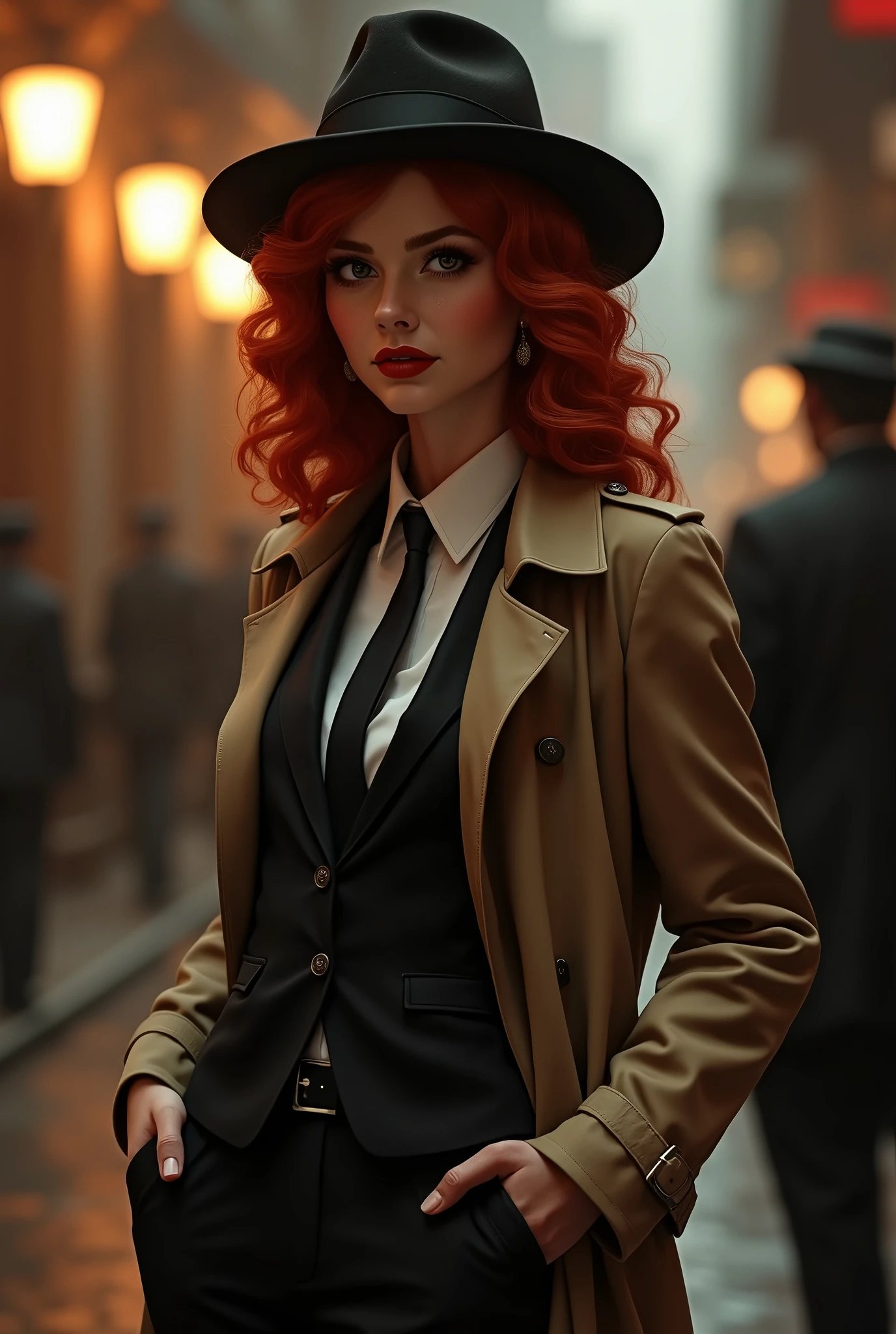 1920s hardboiled detective, striking red hair styled in soft waves, tailored trench coat suit tie and a fedora, sharp no-nonsense attitude, pinup, full body shot, standing, sexy, seductive