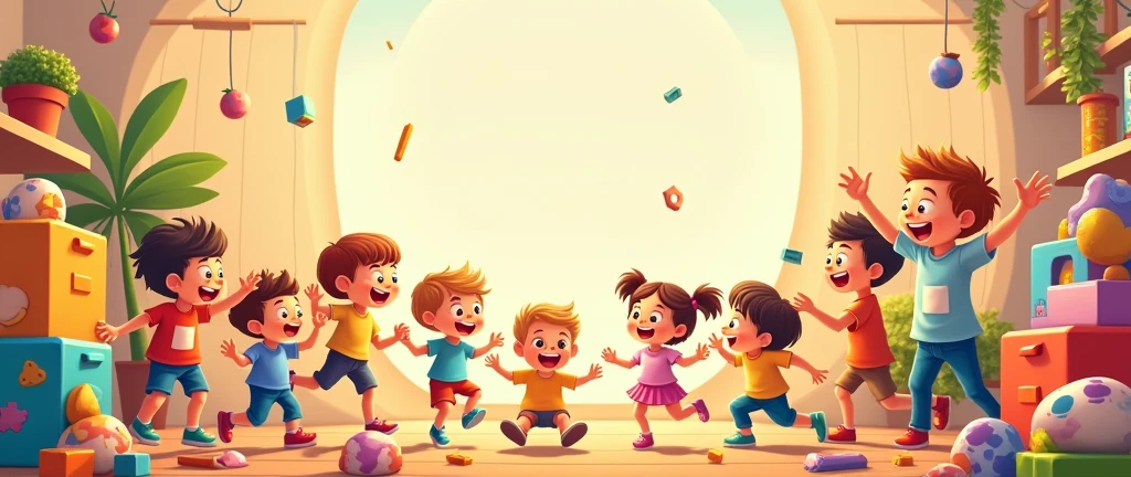 the image has children playing, put toys, but leave a free space centered in the image 