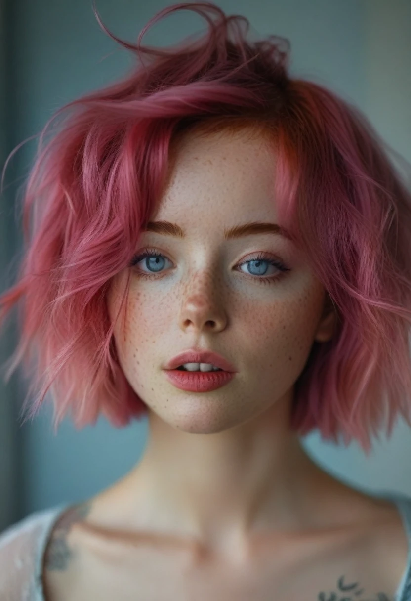 cinematic still bellissima, 1girl, solo, short hair, blue eyes, pink hair, red hair, parted lips, teeth, blurry, lips, blurry background, messy hair, portrait, freckles, realistic . emotional, harmonious, vignette, 4k epic detailed, shot on kodak, 35mm photo, sharp focus, high budget, cinemascope, moody, epic, gorgeous, film grain, grainy, (masterpiece), (best quality), (ultra-detailed)