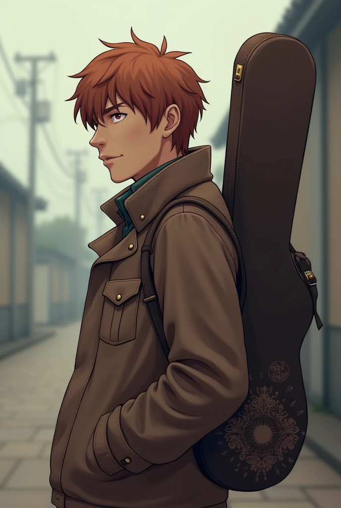 middle aged man, bonitas, chestnut hair, brown jacket,  black boot, guitar cover on the back, art anime