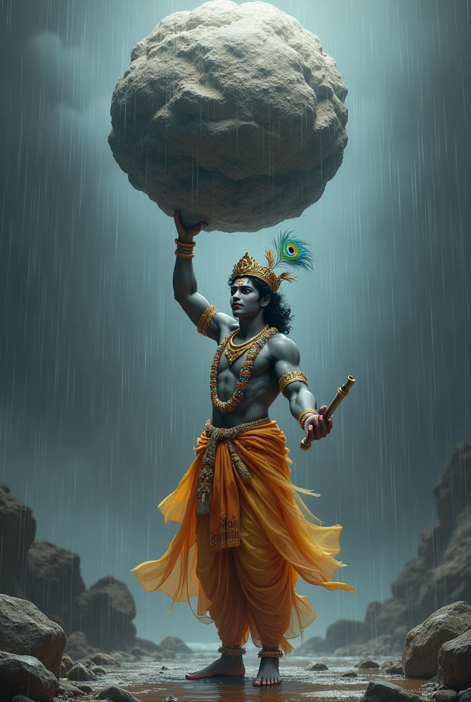 Lord Krishna smilingly lifts the very big mountain from his little finger and has a crown decorated with peacock feathers and hold the flute with the other hand in rain