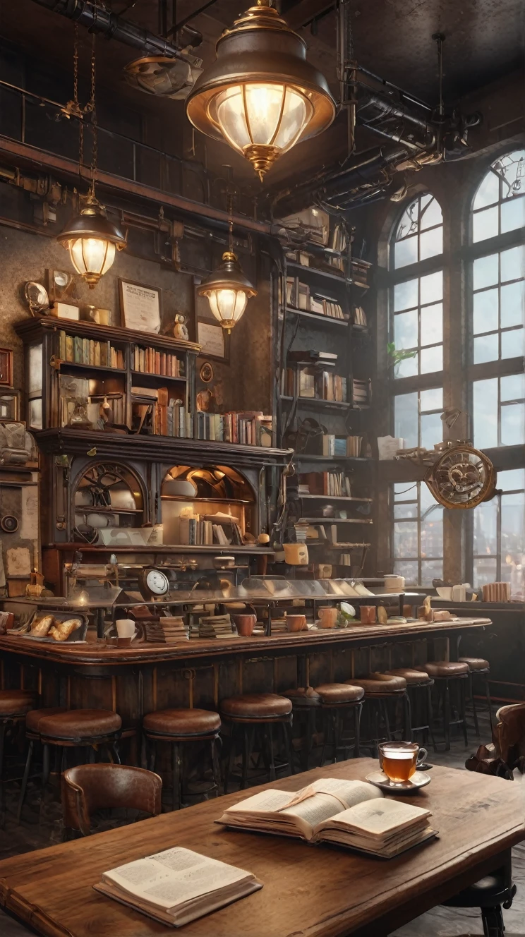 ((masterpiece)), ((Highest quality)), ((High resolution)), ((In detail)),((Highest quality, 8k, masterpiece)), A steampunk-style academic cafe、There are sandwiches and tea on the table、A pile of books and a pen