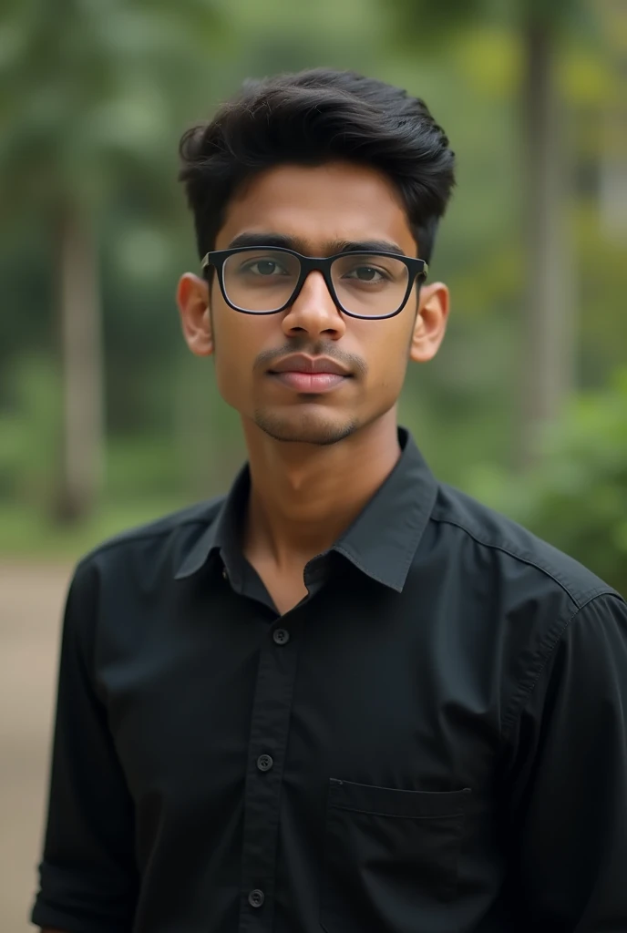 A photo of a 24-year-old professional wearing a black shirt standing in little natural blur background and 8k resolution Indian face with round spectacle professional style naked girls