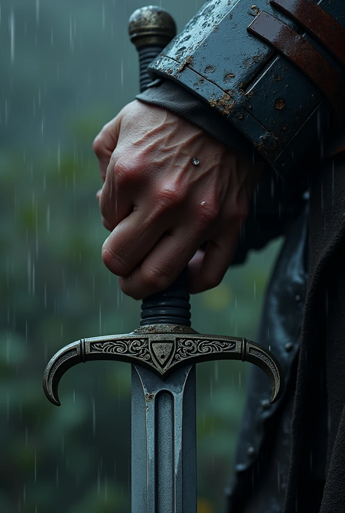 a closeup from the hand of a worrier holding a sword downward in his right hand and camera is at the right side of his hand, rain drops on his hand and sword. There are hand guards on his hands.