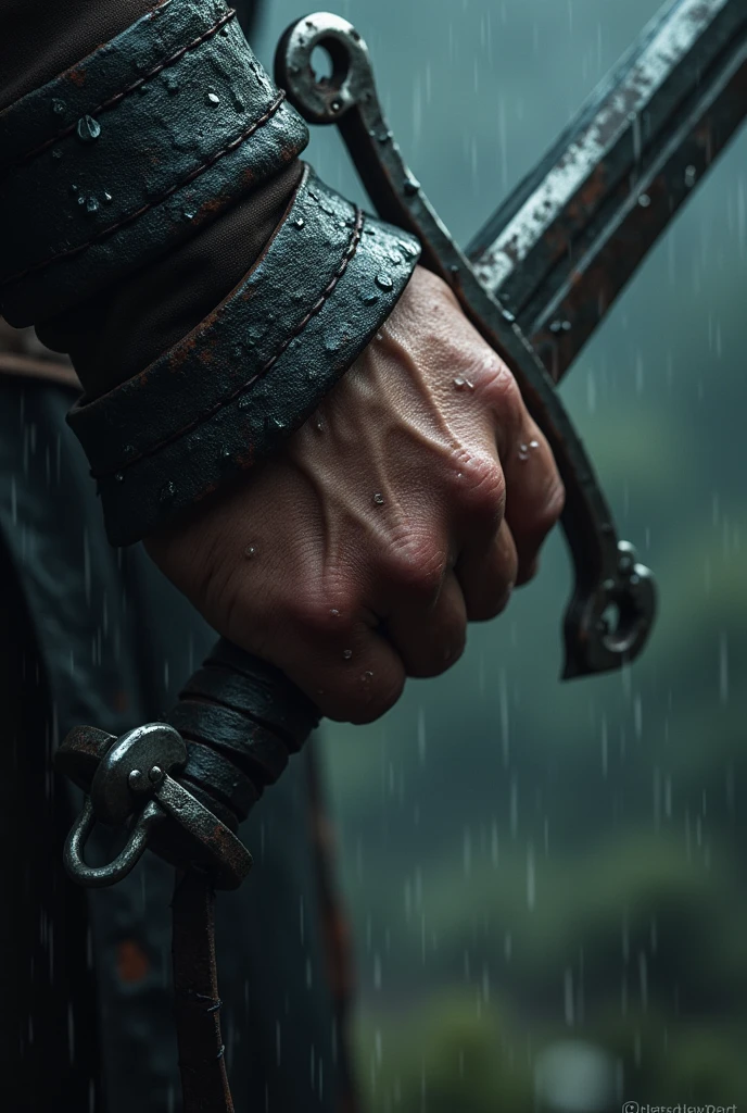 a closeup from the hand of a worrier holding a sword downward in his right hand and camera is at the right side of his hand, rain drops on his hand and sword. There are hand guards on his hands.