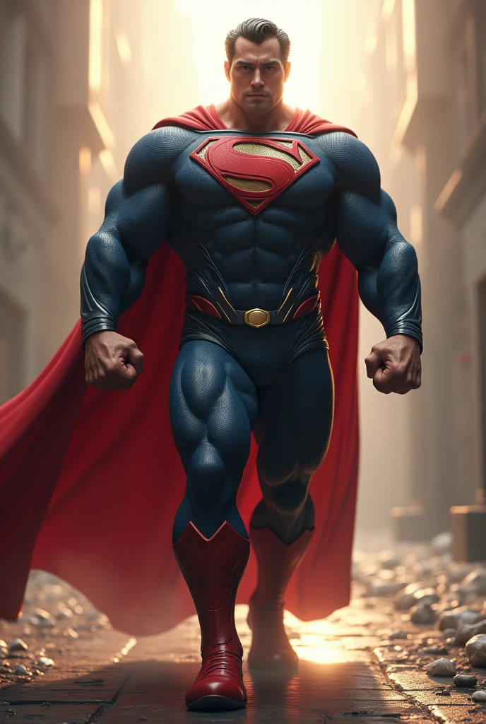 fully body, Superman (Dc comics), Walking towards the camera, realisitic, a very muscular body in the renatosphere, epic 3D realism, swollen muscles, large fists, best in wlop, kan liu, daz3d, trends in CGsociety, estilo realisitic hiperdetalhado, completo cosplay, by Ric Nagualero, album, hyung tae kim, 8k, irreal engine 5, film composition, retratos realisitics hiperdetalhados, 3D game art, CG Society, Fantasyart, hd art of season, estética realisitic, cinematic lighting, border light, smooth light, border light de filme, fine glow, ultradetailed, 8k, uso realisitic de luz e cor, cinematic light, rendered in cinema4d 500–1000 AD -- ar 3:4- Niji 6