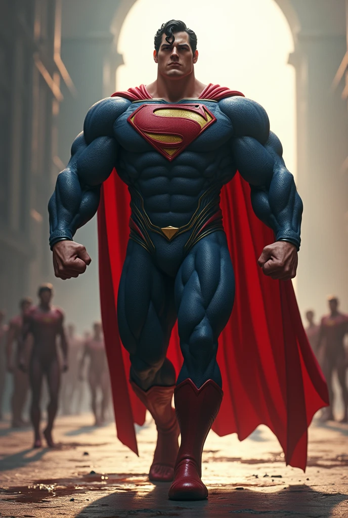 fully body, Superman (Dc comics), Walking towards the camera, realisitic, a very muscular body in the renatosphere, epic 3D realism, swollen muscles, large fists, best in wlop, kan liu, daz3d, trends in CGsociety, estilo realisitic hiperdetalhado, completo cosplay, by Ric Nagualero, album, hyung tae kim, 8k, irreal engine 5, film composition, retratos realisitics hiperdetalhados, 3D game art, CG Society, Fantasyart, hd art of season, estética realisitic, cinematic lighting, border light, smooth light, border light de filme, fine glow, ultradetailed, 8k, uso realisitic de luz e cor, cinematic light, rendered in cinema4d 500–1000 AD -- ar 3:4- Niji 6