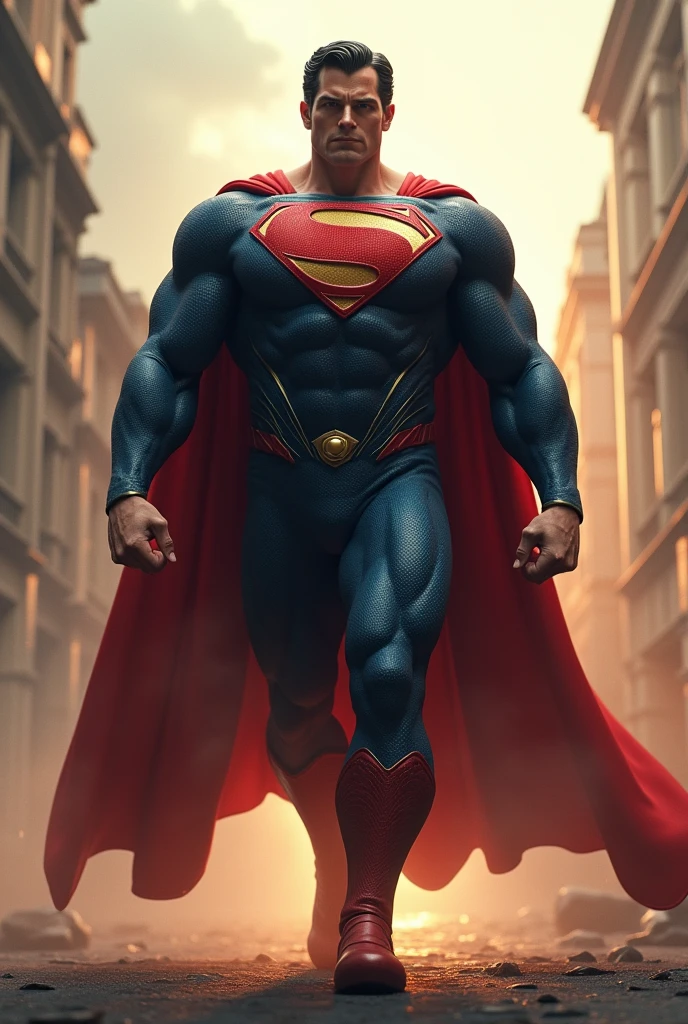fully body, Superman (Dc comics), Walking towards the camera, realisitic, a very muscular body in the renatosphere, epic 3D realism, swollen muscles, large fists, best in wlop, kan liu, daz3d, trends in CGsociety, estilo realisitic hiperdetalhado, completo cosplay, by Ric Nagualero, album, hyung tae kim, 8k, irreal engine 5, film composition, retratos realisitics hiperdetalhados, 3D game art, CG Society, Fantasyart, hd art of season, estética realisitic, cinematic lighting, border light, smooth light, border light de filme, fine glow, ultradetailed, 8k, uso realisitic de luz e cor, cinematic light, rendered in cinema4d 500–1000 AD -- ar 3:4- Niji 6
