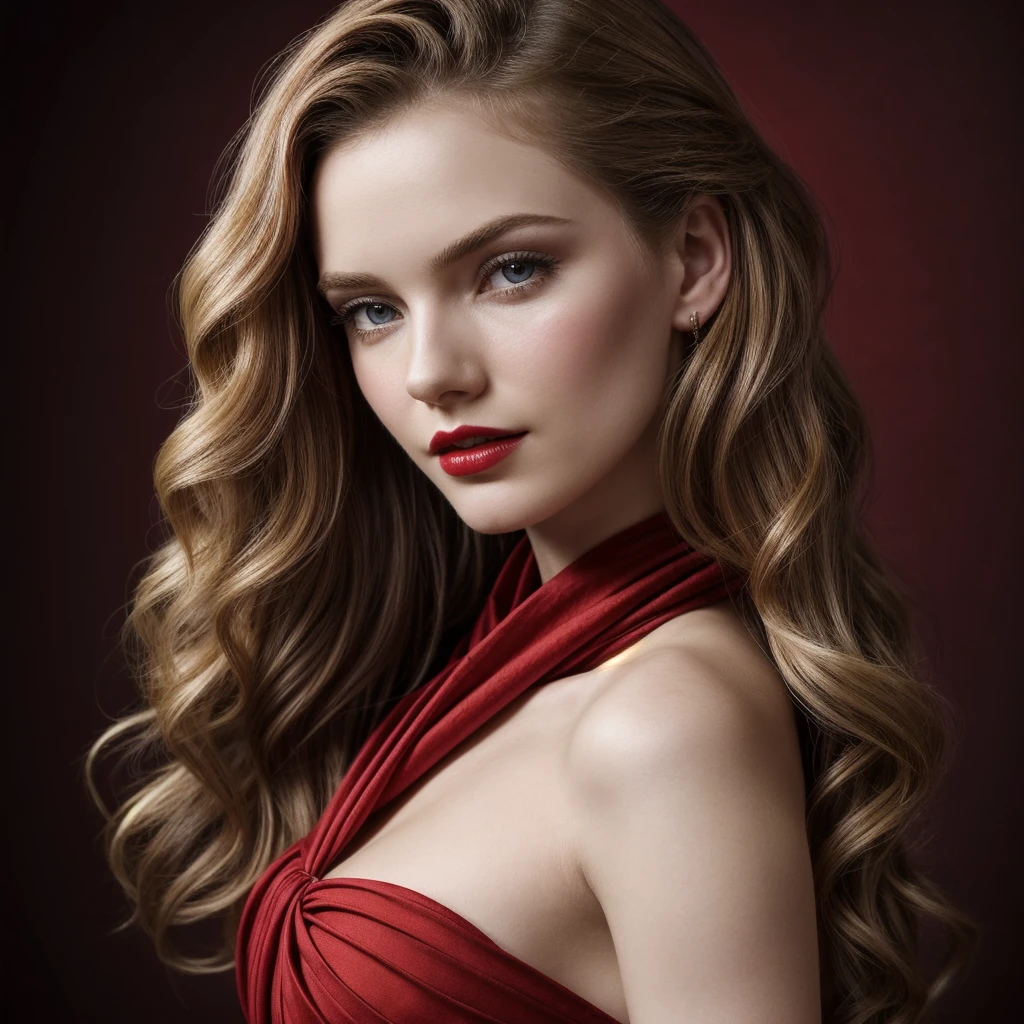 Portrait style image featuring a person with pale skin and striking facial features, including prominent red lips and a beauty mark on the left cheek. The subject has an elaborate, voluminous hairstyle with a mix of red and blonde hues, styled in curls and waves. The person is draped in a sheer, red fabric that partially covers their face and body, adding a dramatic and ethereal effect. The background is neutral, allowing the vibrant red elements to stand out prominently. The overall composition is artistic and visually captivating, with a focus on the interplay of textures and colors.