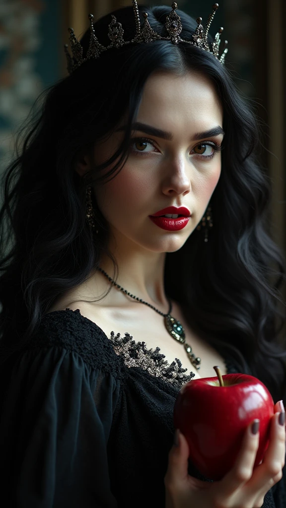 A dark-haired girl, a beautiful black-haired queen, detailed accessories, holding a red apple, poison apples, witch queen, red lipstick, (best quality,4k,8k,highres,masterpiece:1.2),ultra-detailed,(realistic,photorealistic,photo-realistic:1.37),intricate details,dramatic lighting,dark fantasy,striking portrait,chiaroscuro lighting,dramatic shadows,cinematic composition,captivating eyes,alluring expression