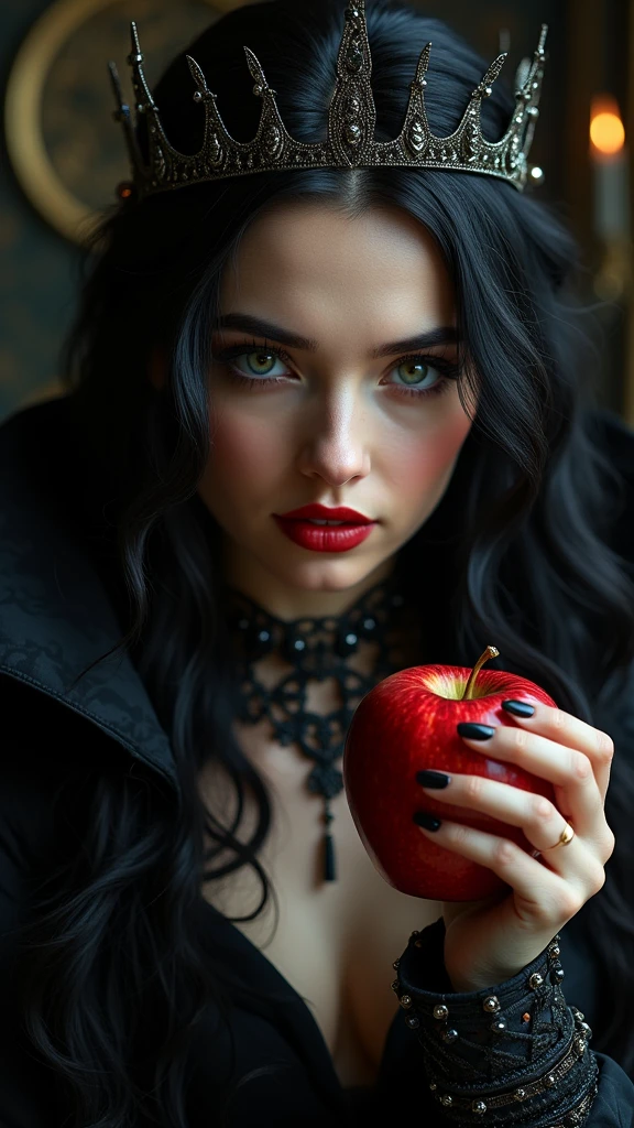 A dark-haired girl, a beautiful black-haired queen, detailed accessories, holding a red apple, poison apples, witch queen, red lipstick, (best quality,4k,8k,highres,masterpiece:1.2),ultra-detailed,(realistic,photorealistic,photo-realistic:1.37),intricate details,dramatic lighting,dark fantasy,striking portrait,chiaroscuro lighting,dramatic shadows,cinematic composition,captivating eyes,alluring expression