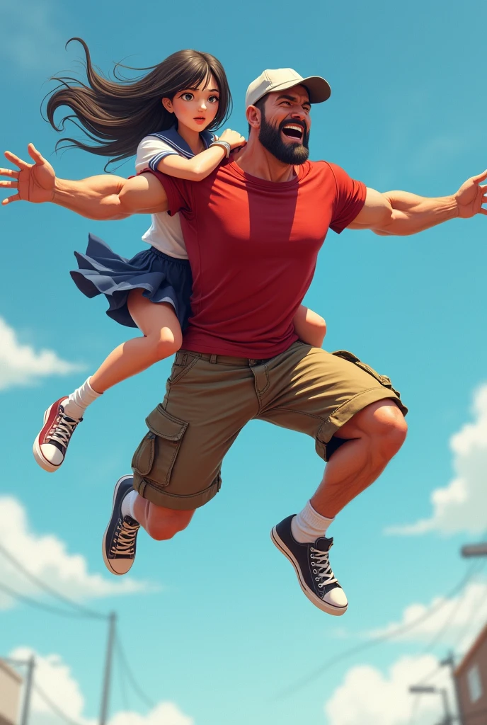 Muscular man wearing a shirt with long shorts Long loose shorts With pockets on the sides with converse sneakers red T-shirt and brown shorts Long short, Normal musculature With beard and baseball cap Realistic musculature Jumping my high extending her arms and on her back is a woman in school uniform Sailor uniform with short skirt clothes move by the wind woman's skirt lifts by the wind Jump like a hero She is small of a short stature