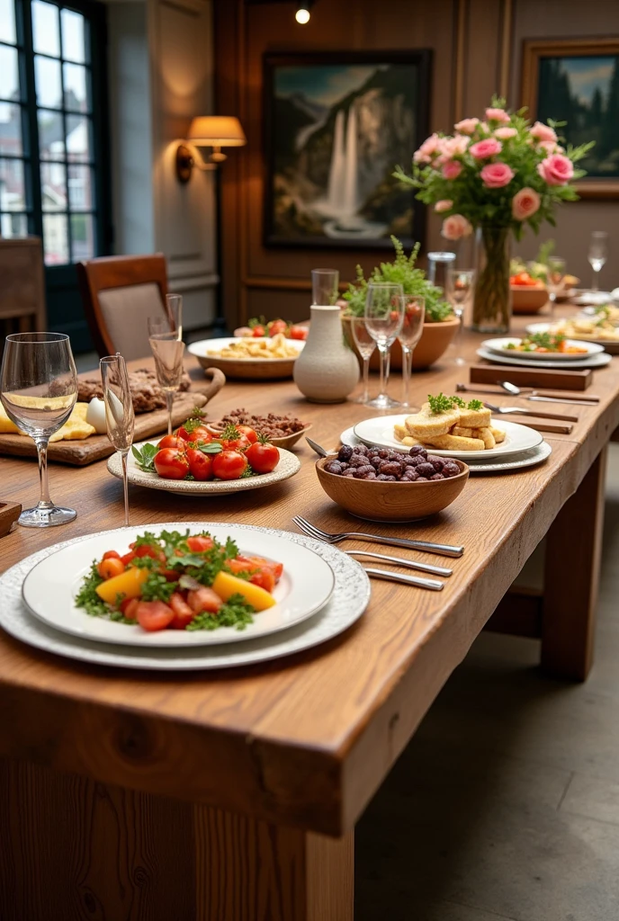 I want you to make me a position (mesa) Square, long for an exhibition, This table should contain elements related to Switzerland, On that table there will be 4 dishes presented, A little more decoration Switzerland decoration More Swiss decoration
