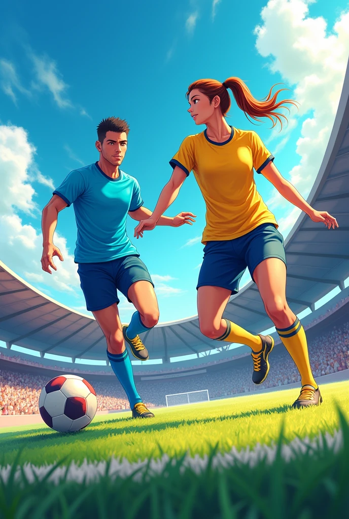 "Create an eye-catching, realistic anime-style poster background that features two athletes, a male and a female, in dynamic poses for volleyball and soccer. Set the scene on a vibrant, sunlit football field, with a realistic anime flair. The athletes should wear striking uniforms in electric blue and vibrant aqua green that pop against the sunny backdrop. Incorporate a third, dramatic light source to accentuate the athletes, adding depth and energy to their poses. Ensure the characters have lighter skin tones and are brightly illuminated from the front, in addition to the sunlight, to make them stand out. The background should be dynamic yet sophisticated, with clean lines and polished details. Subtly integrate chess elements, such as a faint silhouette of a pawn or queen, within the background to add an extra layer of intrigue. Use vivid, electric colors like bright blues, intense yellows, fiery reds, and radiant golds to create a scene bursting with energy and movement. Leave ample space for title and text placement, and aim for an overall design that is vibrant, energetic, and professionally appealing to graphic designers."