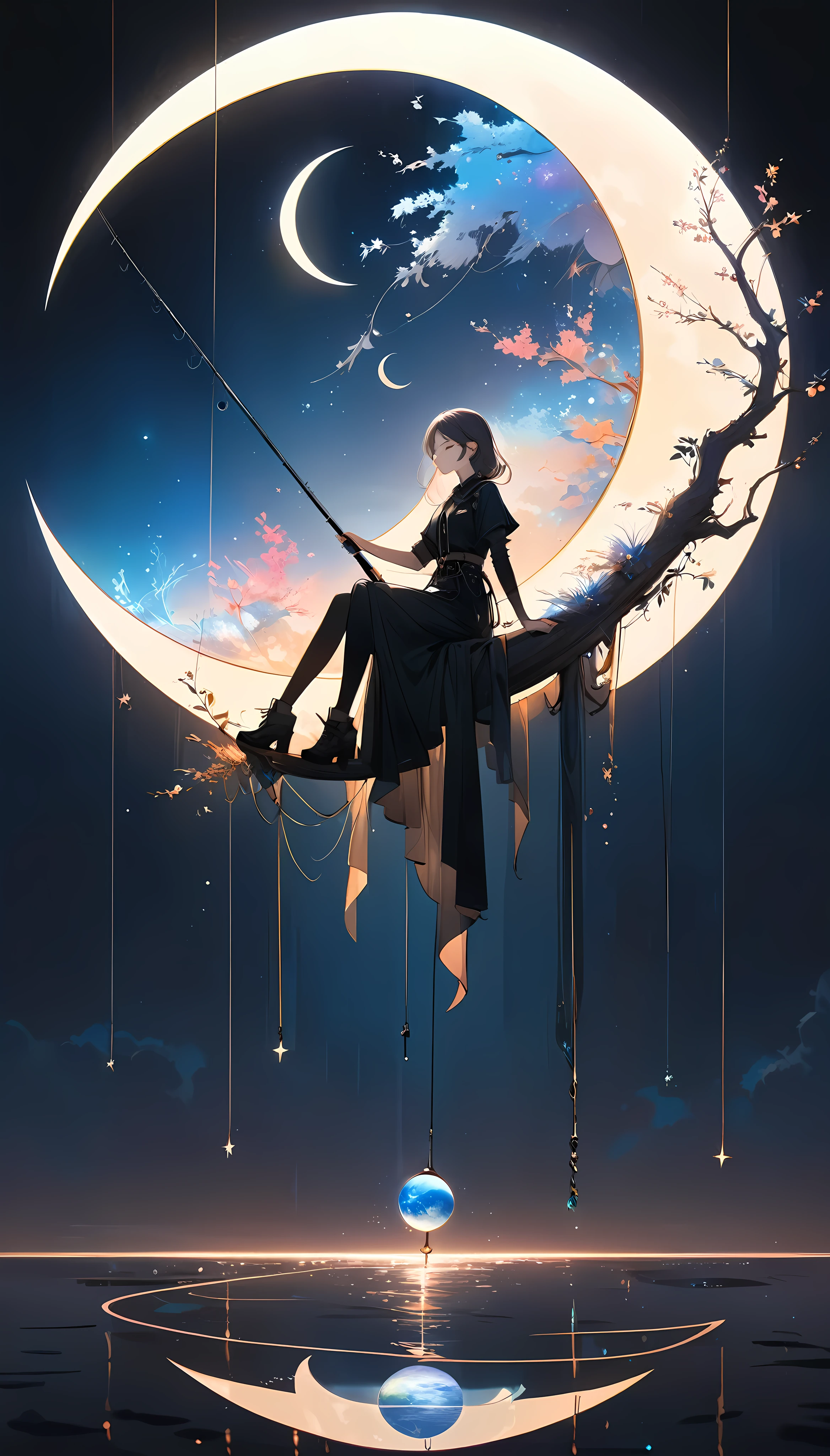 Attractive fishing girl sitting on a crescent moon, 1 person, A very thin line is hung straight down from a fishing pole, Aesthetic Earth attached to the top, Transparent and aesthetic internal illumination, Artistic Design, Dark pop fantasy, The aesthetic of minimalism