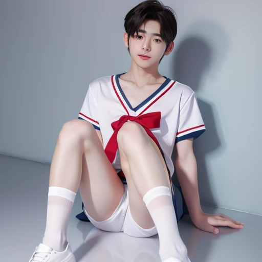 Korean handsome male idol,, Triangle panties,Tie Red Sailor Suit, White cropped short sleeve T-shirt, A handsome man, pretty legs,Adonis,penis visible, stockings,Became a toy, Temptation적인자세,,shota, thin arms, Temptation, a picturesque face, tight clothes, angel, cute, Beloved, Acting cute, Undressing, White skin, Kneel down and spread your legs