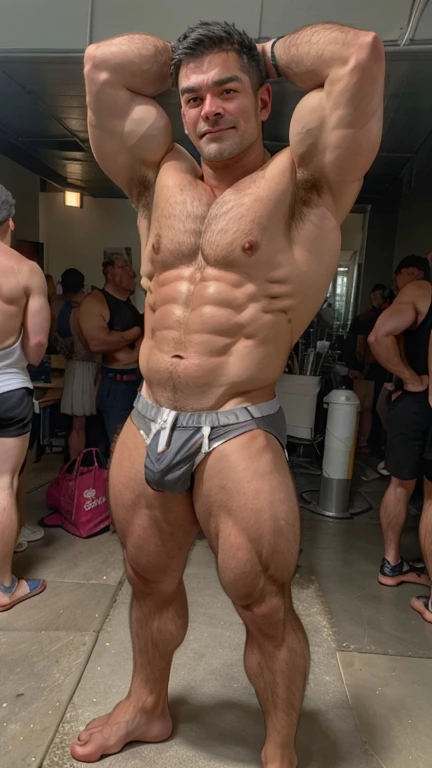 An older Japanese male bodybuilder with his upper body naked。Big muscles。Big Belly。thick limbs。
A standing posture that shows the whole body。
極端に短いGray-hairedの顎髭。
極端に短いGray-hairedの髪。
Japanese male bodybuilder wears only white jockstrap。大きなbulge。
The crotch of the white jockstrap is very round and large.。
Sunburned skin。Hairy skin。
男性はThe whole body is hairy。Full body covered in hair。Gray-hairedの胸毛。Gray-hairedの腹毛。Gray-hairedの下腹部の毛。Armpit hair。Arm hair。Leg hair。Thigh hair。shin hair。
A symmetrical Japanese face。Japanese small face。Japanese round face。The gentle face of the Japanese。Gentle face of Japan man。The gentle expression of a Japanese person。single eyelid。Kind eyes。Small eyes。Round Nose。Big Nose。Small Mouth。Small lips。
Statue。Low - Angle。Full body portrait。Gray-haired。The whole body is hairy。jockstrap。bulge。
Maximum number of pixels。Highest quality。ピントがきちんと合ったHighest qualityの写真画質。Photorealistic。