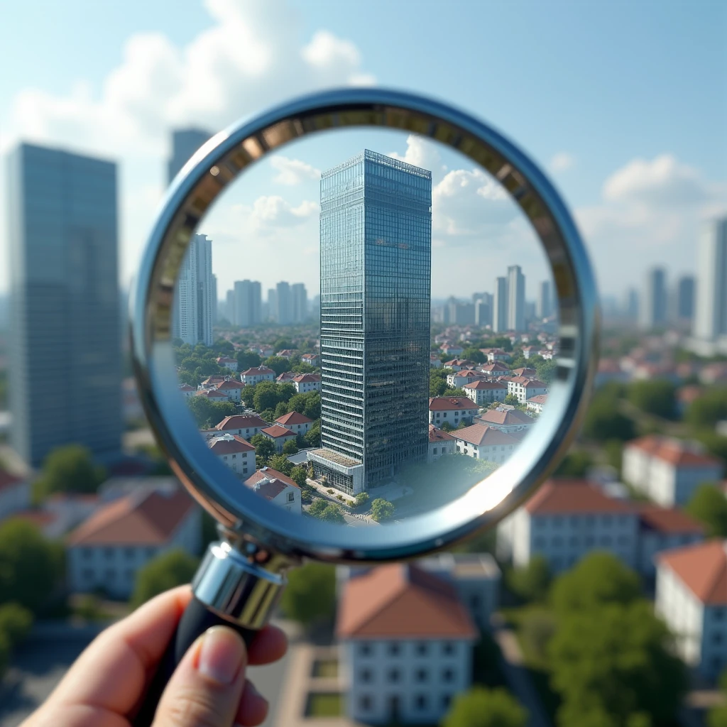 A magnifying glass that highlights a modern building and normal houses in the blurred background, realistic image