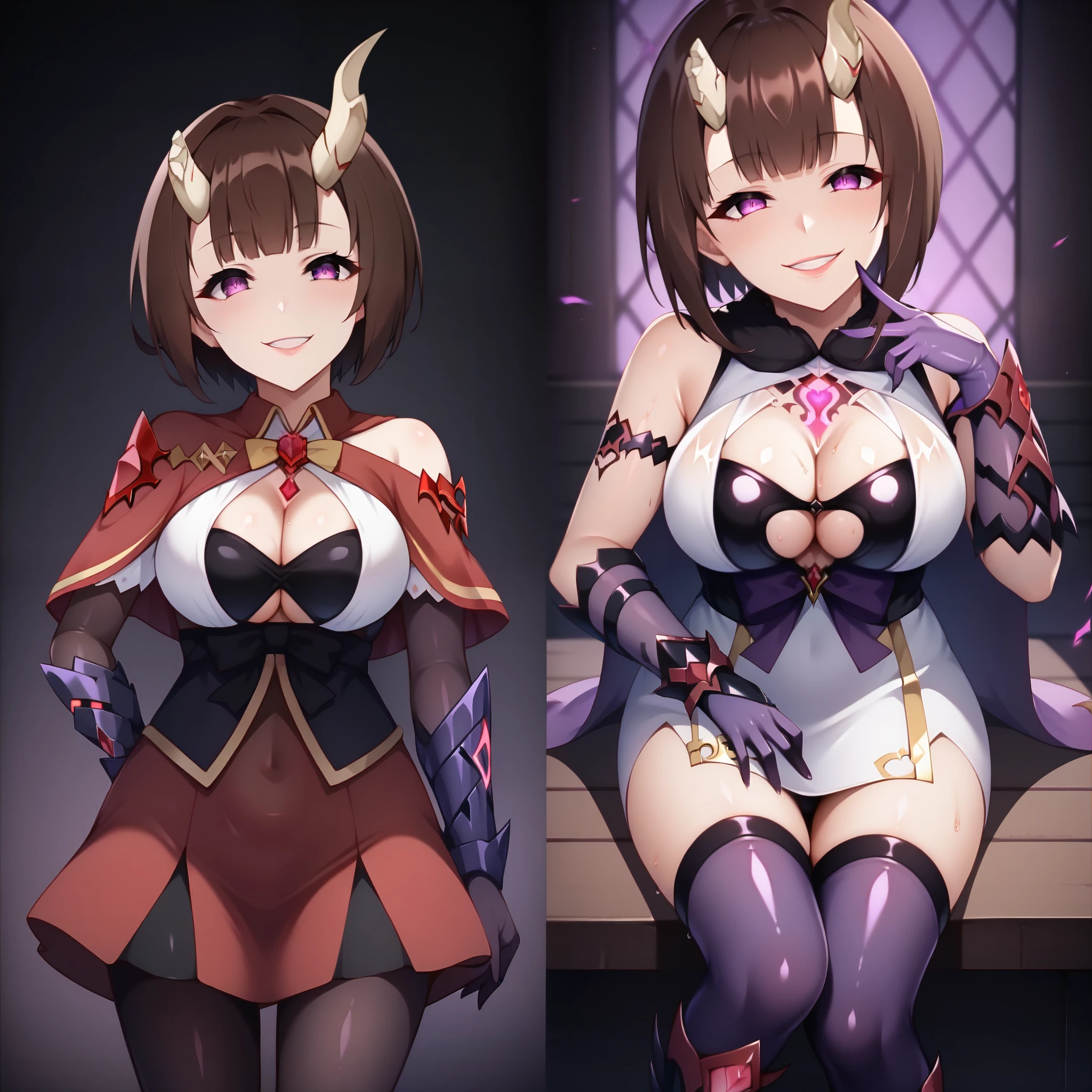 1girl, upper body, corruption, wide hip, tr2nsf0rmati0n,transformation, before and after, 1girl, defEko, brown hair, short hair, bob cut, broken horn, demon horns, purple eyes, ed capelet, white dress, sleeveless, black bra, cleavage, fur trim, red skirt, fur-trimmed skirt, gauntlets, armored boots, purple theme, sexy, corruption bodysuit, see-through leotard, glowing red lines, many red lines , look up, evil theme, dark magical girl, corruption, blunt bangs, bare shoulder puffy , glowing belly tattoo, living clothes, sadistic smile, long boots,reflecting, evil grin, bodytights, heel, wet shiny skin, extremely detailed, look at viewer, head_rest, head tilt,curvy, purple gloves, sticky, red gemstones, latex bondange, perspective, shiny reflecting metal latex stocking