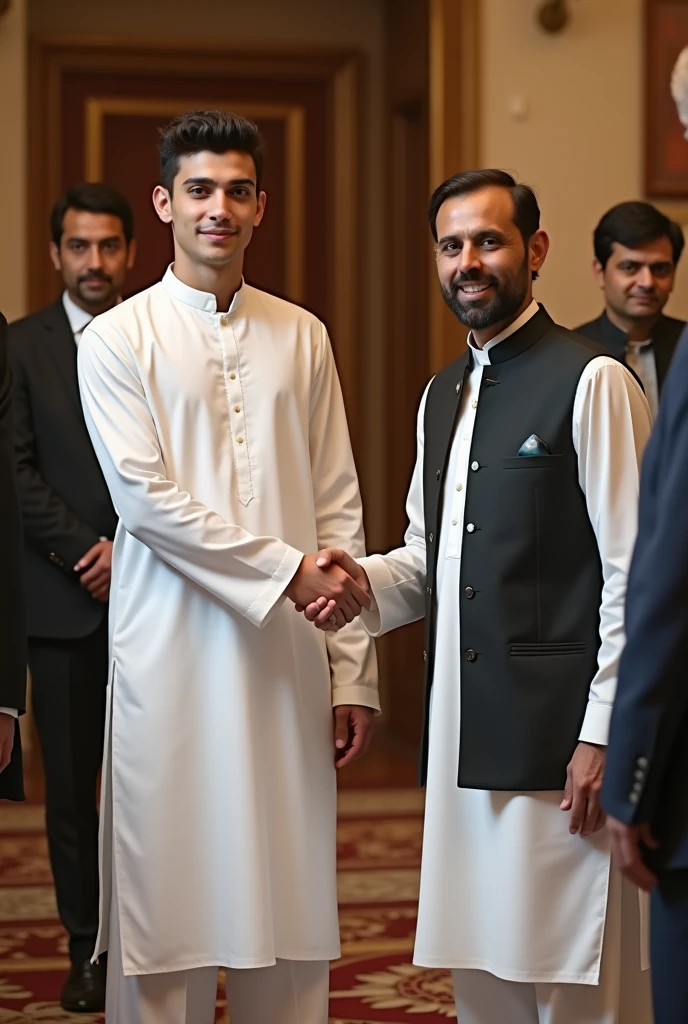 young man wear pakistani white dress hand shake with prime minister of pakistan and see to the camera man