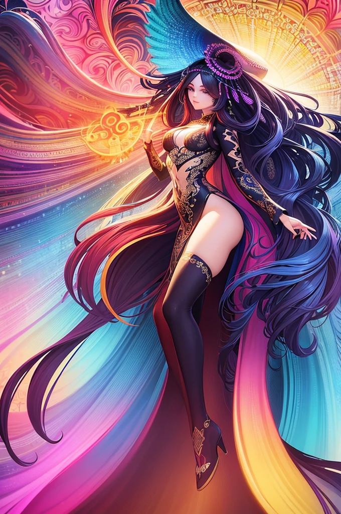 a painting of a woman with long hair and colorful hair, beautiful digital illustration, stunning digital illustration, gorgeous digital art, a beautiful artwork illustration, beautiful digital artwork, beautiful digital art, exquisite digital illustration, intricate digital painting, very beautiful digital art, vibrant digital painting, beautiful gorgeous digital art, psychedelic flowing hair, colorful digital painting, inspiring digital art, stylized digital art