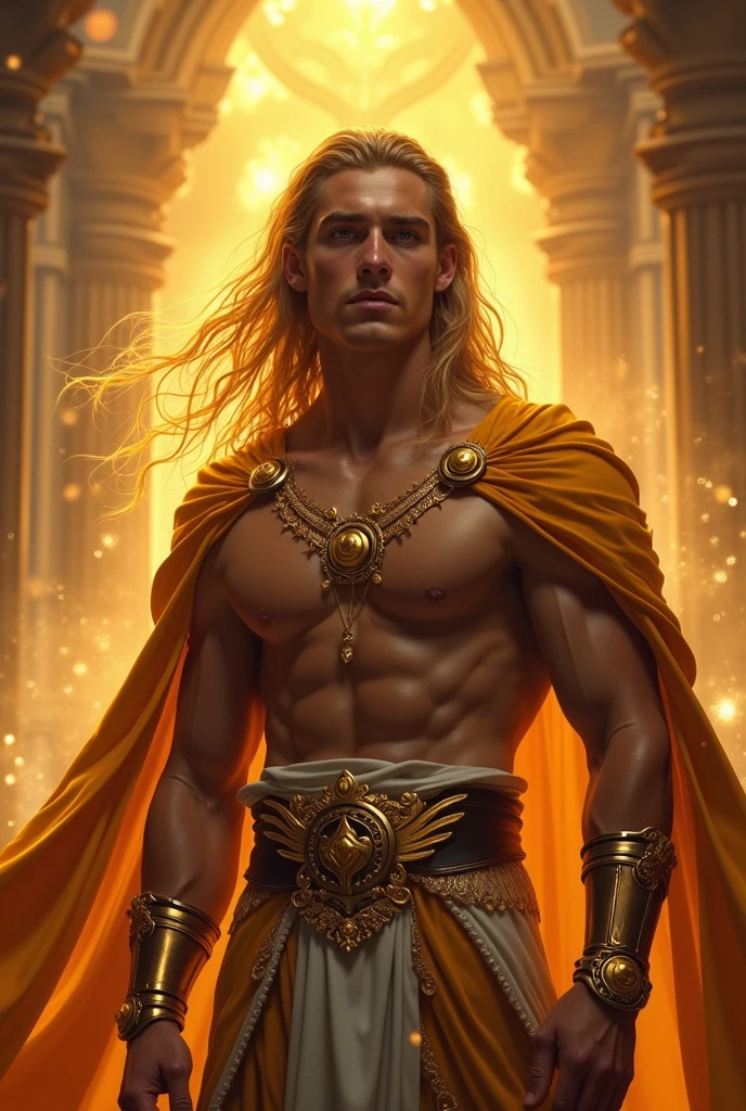 a young man in his twenties, he is from fantasy world, he is king of light, he is tall and skinny but very athletic, he has very long extremly golden hair and deep golden eyes, he has tan like hispanics, he is handsome, very beautiful, baby face, breathtaking beautiful he is real king amazing and brave, strong