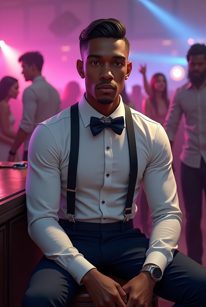best qualityer:1.4), (ultra high resolution:1.2), (photorrealistic:1.4), (8k, CRU photo:1.2), a thin young man of 20 years old, skin black, with a smooth, beardless face, buzzcut haircut short on the sides and low on top, He's wearing a white shirt. He's wearing a black dress shirt on top.. He is wearing black dress pants. He is wearing white Adidas sneakers. He is wearing a navy blue bow tie. is sitting at a desk. In the background there are party lights and some people on the dance floor..