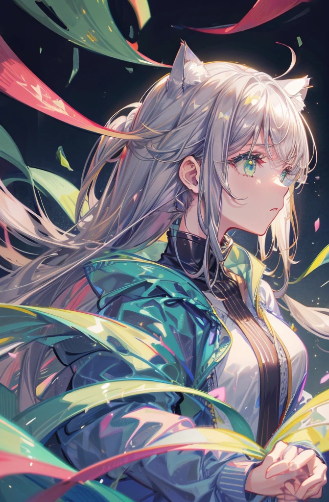 1 girl in、Eyes swaying anxiously、profile、Prone to the right、Eyelids lowered、Gray hair、Longhaire、Green eyes、On the sides of the head are attached a golden cat-shaped kanzashi