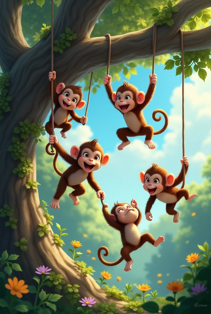 Monkeys kids on flying a tree
