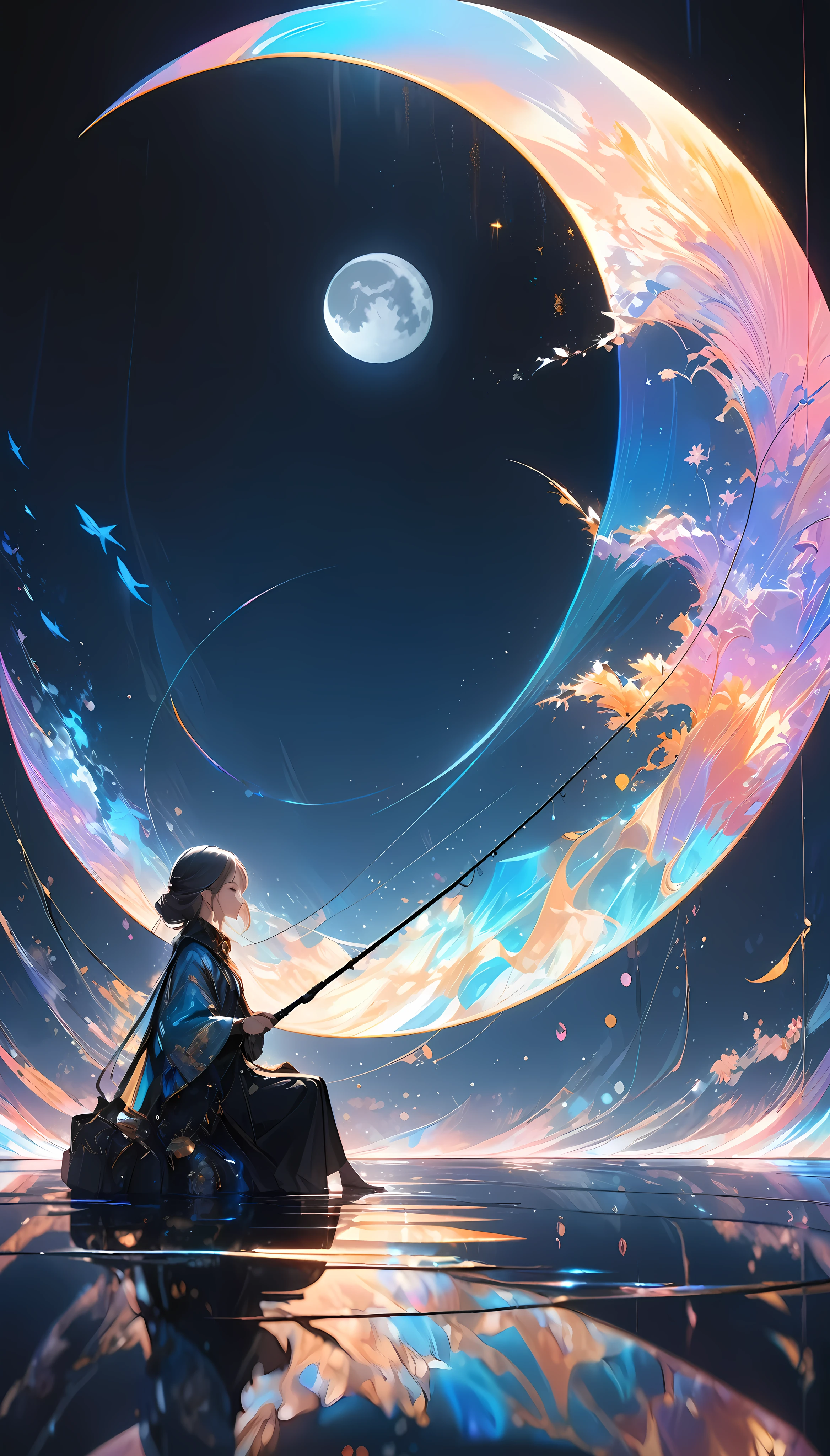 a charming fishing girl sitting on a crescent moon, 1 person, holding a fishing rod with an extremely fine line extending straight down, at the end of which is an aesthetic earth, transparent and aesthetically illuminated from within, ultra-detailed, masterpiece, luxurious minimalism, majestic and simple composition, ultimate quality, artistic design, dark pop fantasy, holographic reflection, seamlessly blending moon, refined aesthetics