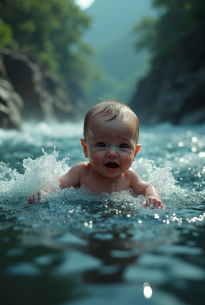 Baby sinking in river.