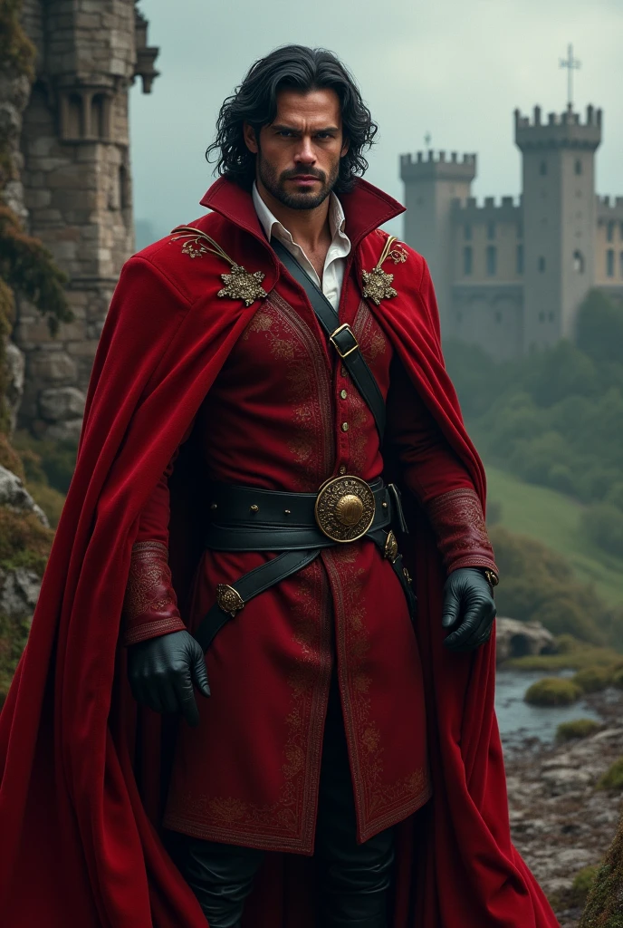 Handsome Prince, mysterious, practiced blood magic, Henry cavill looking. Muscular, wears blood crimson clothes, from Irish, Scottish and English ancestry, black of hair, courageous Prince, strong, medieval kingdom that resembles England.