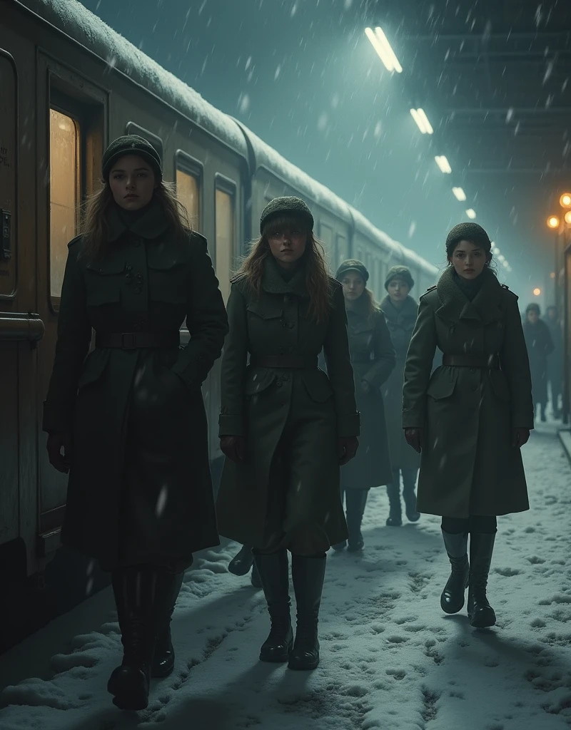 masterpiece, best quality,Soviet female soldiers，World War II，TRAIN STATION，About to travel，dimly lit scene，Dim Lights，Snow