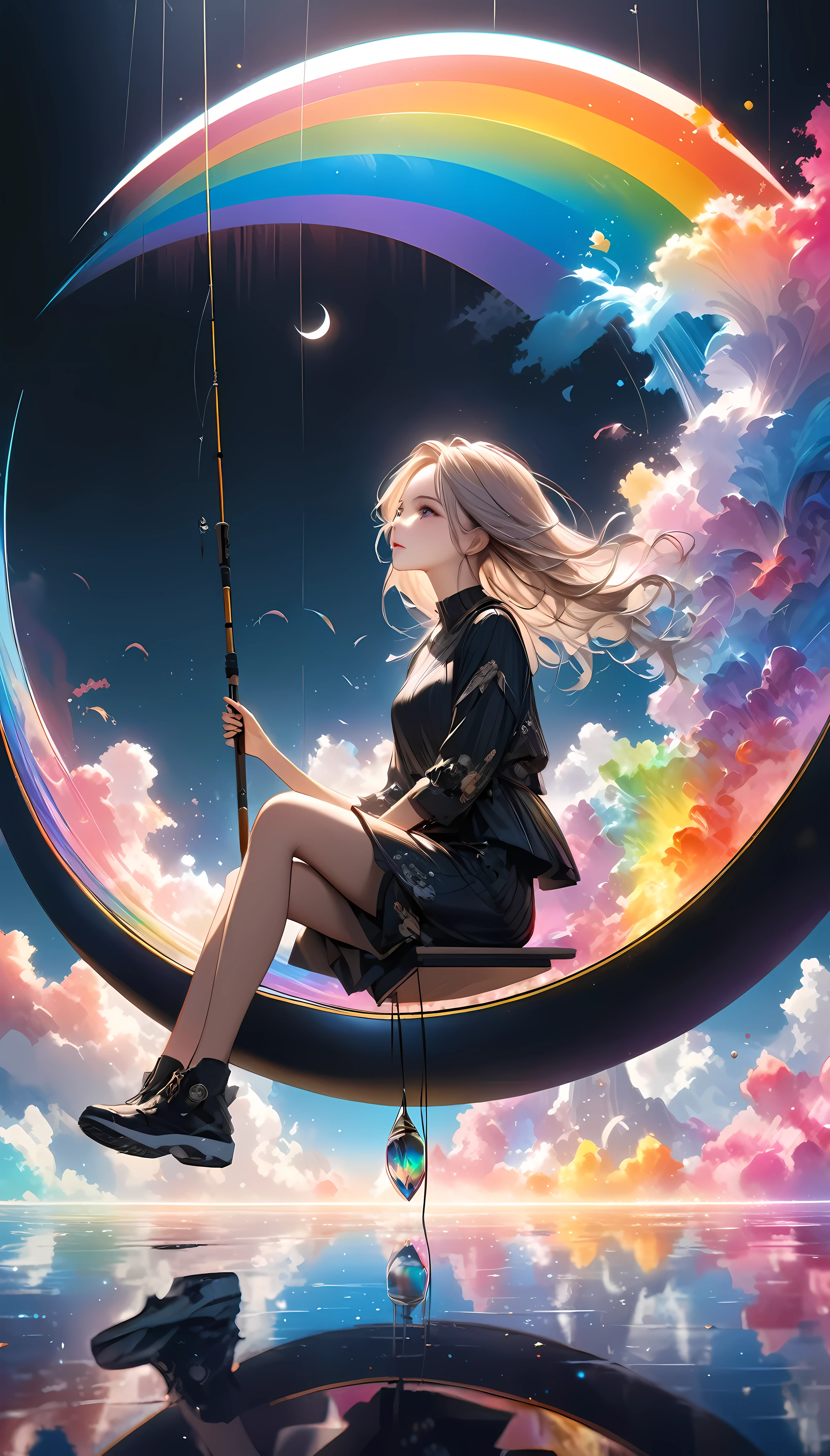 Ultra-realism, Attractive fishing girl sitting on a crescent moon, 1 person, A very thin line is hung straight down from a fishing pole, Aesthetic Earth attached to the top, Transparent and aesthetic internal illumination, BREAK Attractive expression, Ultra-detailed details, Ultimate Quality, Luxurious minimalism, A simple and majestic composition, Ultimate Quality, Artistic Design, Dark pop fantasy, Crystal Coating, Holographic Reflection, Fantastic rainbow-colored fog, Refined aesthetics, 