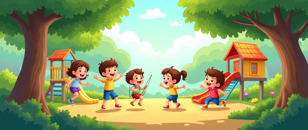 the image has children playing, coloque um playground, but leave a free space centered in the image