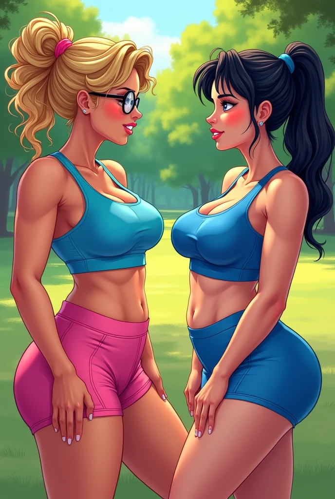 A blonde woman with curly hair tied back and glasses, culona, big boobs, blue tank top, Pink tight sports mini shorts tired resting stopping in a park next to her friend with black hair white skin in blue sportswear with a big butt and toned abdomen and mega busty E cup breasts, both talking in profile facing each other sweating in comic book format