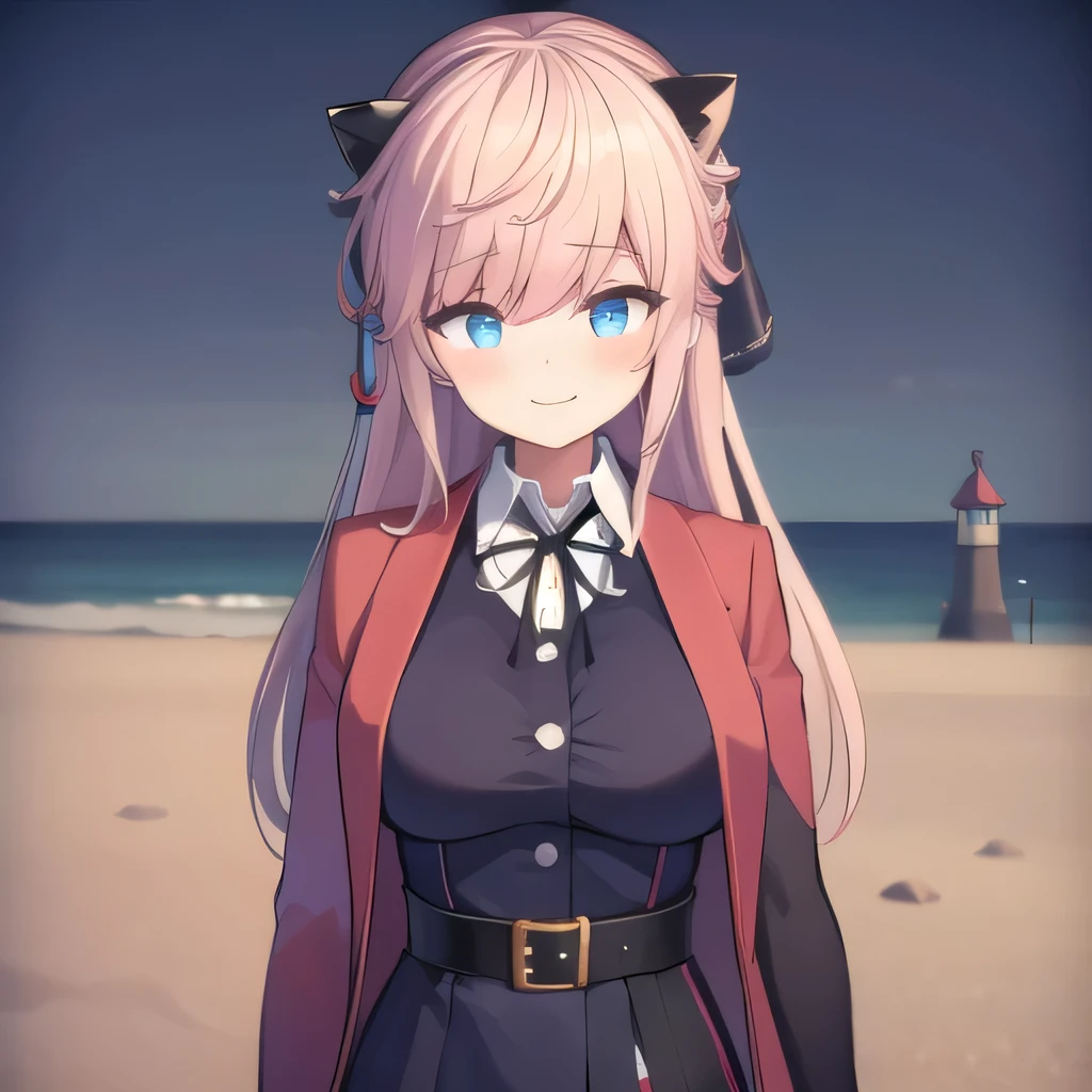 ((masterpiece)),(best quality),official art,extremely detailed CG,unity 8k wallpaper,ultra detailed,A lighthouse on a cliff by the sea,1girl,solo,upper body,(portrait:1.2),looking at viewer,face look front,Vivi(v atmi),neck ribbon,blue eyes,shirt under dress,hair ribbon,horns,long hair,white_button,smile,collared shirt,black thighhighs,red coat,choker,black gloves,pink hair,black ribbon,black belt,white shirt,large breasts,bangs,zettai ryouiki,black dress,black footwear,boots,long sleeves,sidelocks,