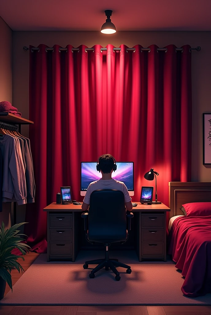 I want you to generate an image of an environment for my streamer channel, my studio is in my room. behind me there is a wardrobe on the left, Behind me is the bed, with its headboard resting against the wall to my left, with the bed going towards the wardrobe to my right., Behind the bed is a curtain that I want to cover the entire wall behind me., I want you to give me a color suggestion for my curtain and generate an image describing this environment I mentioned.. I want the curtain to cover the entire wall at the back and be a curtain facing a streamer channel
