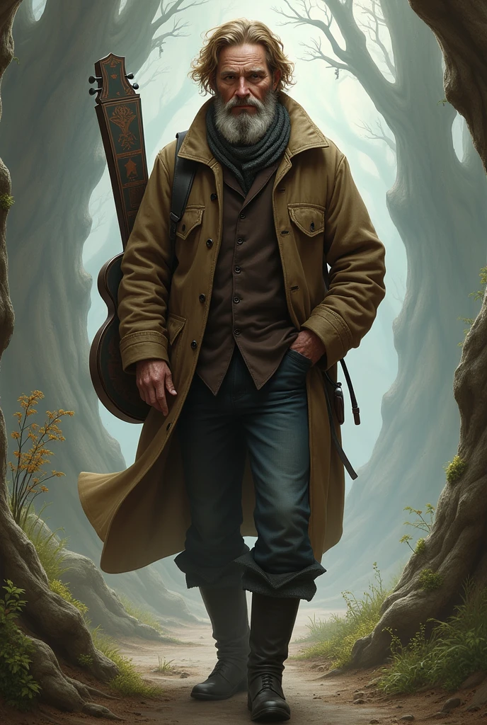middle aged man, bonitas, chestnut hair, brown jacket,  black boot, guitar cover on the back, concept art